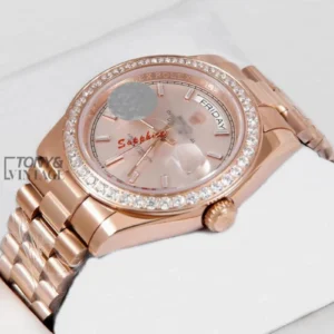 "All Rose Gold Stone Bezel Automatic Watch ."