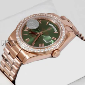 "All Rose Gold Stone Bezel & Deep Green Dial Automatic Watch "