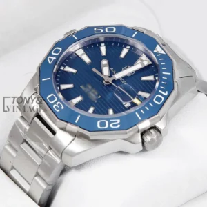 "All Silver Automatic Watch with Blue Dial and Bezel "