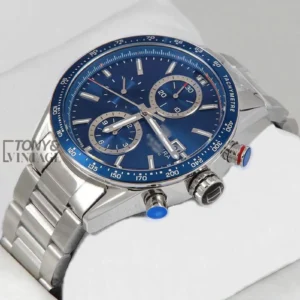 "All Silver Chronograph Watch with Blue Dial and Bezel "