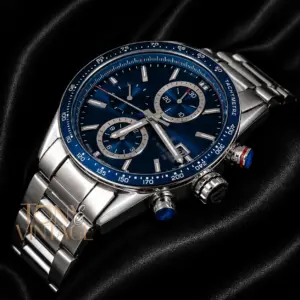 All Silver Chronograph Watch with Blue Dial and Bezel