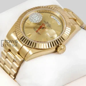 All Yellow Gold Automatic Watch with Roman Dial and Fluted Bezel
