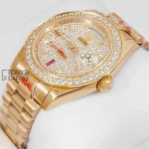 "All Yellow Gold Automatic Watch with Stone Dial and Bezel "