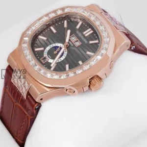 Annual Calendar Moon Phase Rose Gold Watch with Stone Case, Charcoal Dial, and Brown Leather Strap