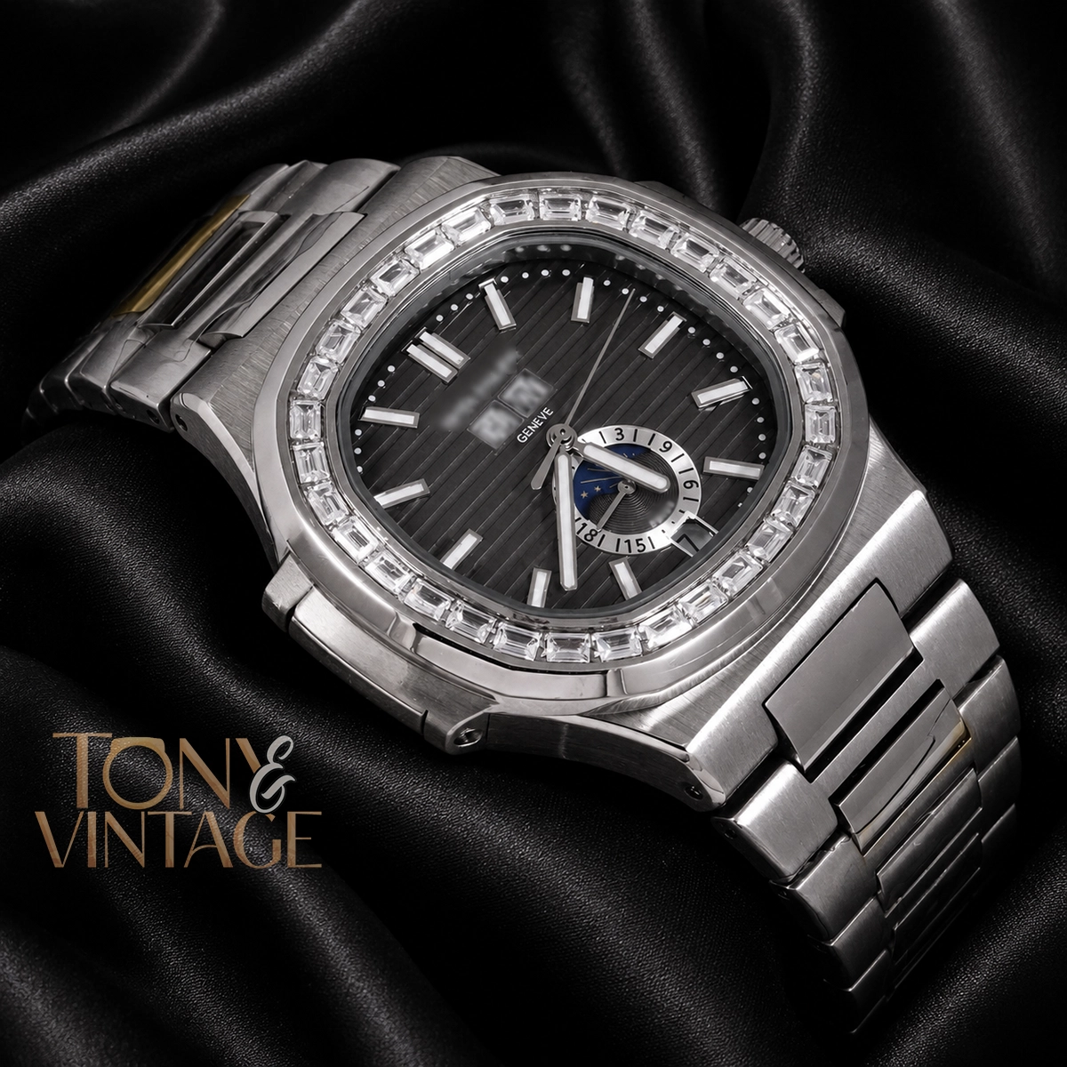 Annual Calendar Moon Phase Silver Automatic Watch with Charcoal Gray Dial - Image 2