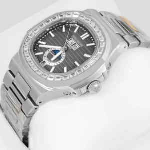 Moon Phase Silver Automatic Watch with Charcoal Gray Dial