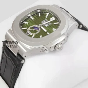 Annual Calendar Moon Phase Silver Case Green Dial Black Leather Strap