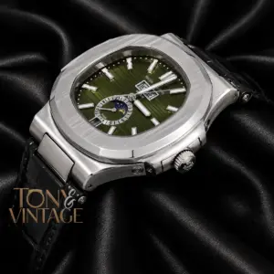 Annual Calendar Moon Phase Silver Case Green Dial Black Leather Strap
