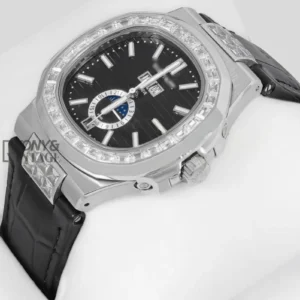 Annual Calendar Moon Phase Silver Watch with Stone Case, Black Dial, and Leather Strap