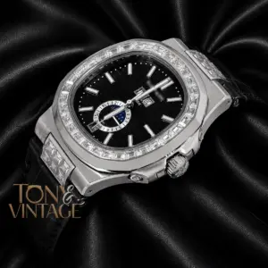 Annual Calendar Moon Phase Silver Watch with Stone Case, Black Dial, and Leather Strap
