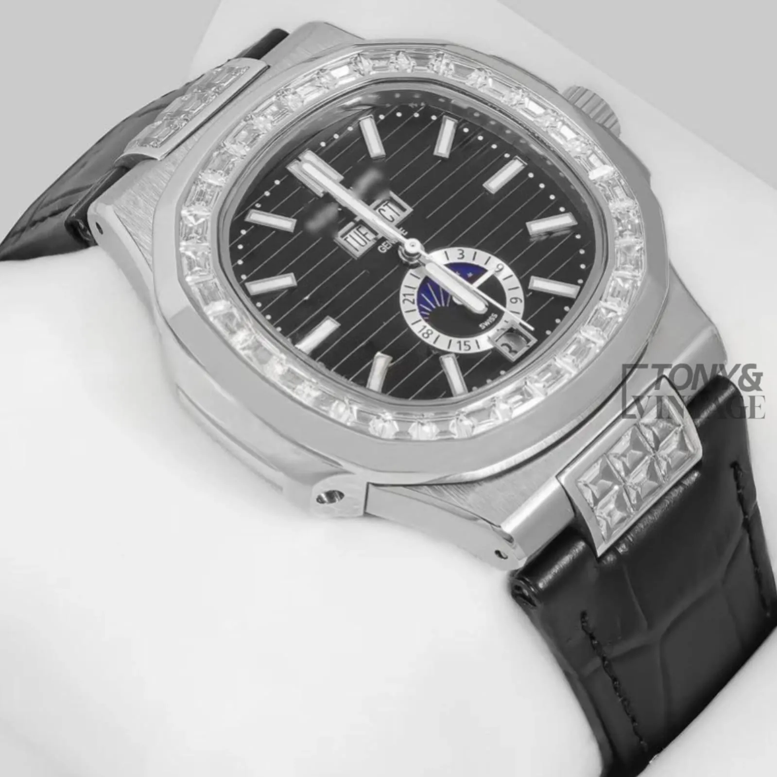 Annual Calendar Moon Phase Silver Watch with Stone Case, Black Dial, and Leather Strap - Image 2