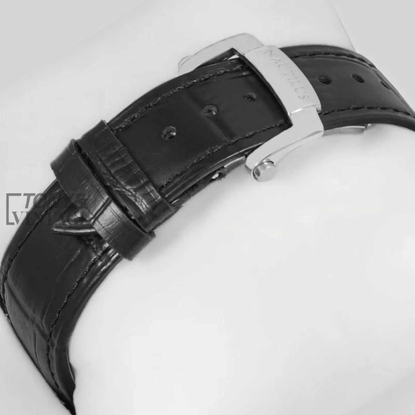 Annual Calendar Moon Phase Silver Watch with Stone Case, Black Dial, and Leather Strap - Image 3