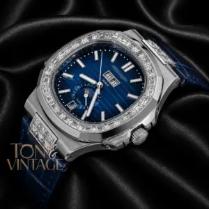 Annual Calendar Moon Phase Silver Watch with Stone Case, Blue Dial, and Leather Strap