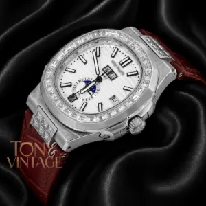 Annual Calendar Moon Phase Silver Watch with Stone Case, White Dial, and Brown Leather Strap