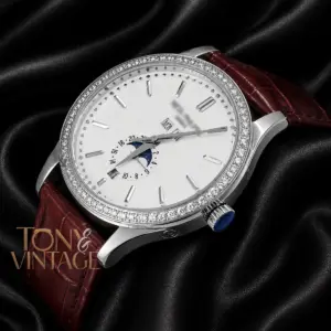 Annual Calendar Moon Phase Silver Watch with White Dial, Stone Bezel, and Leather Strap