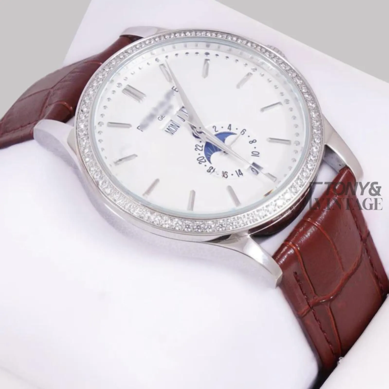 Annual Calendar Moon Phase Silver Watch with White Dial, Stone Bezel, and Leather Strap - Image 2
