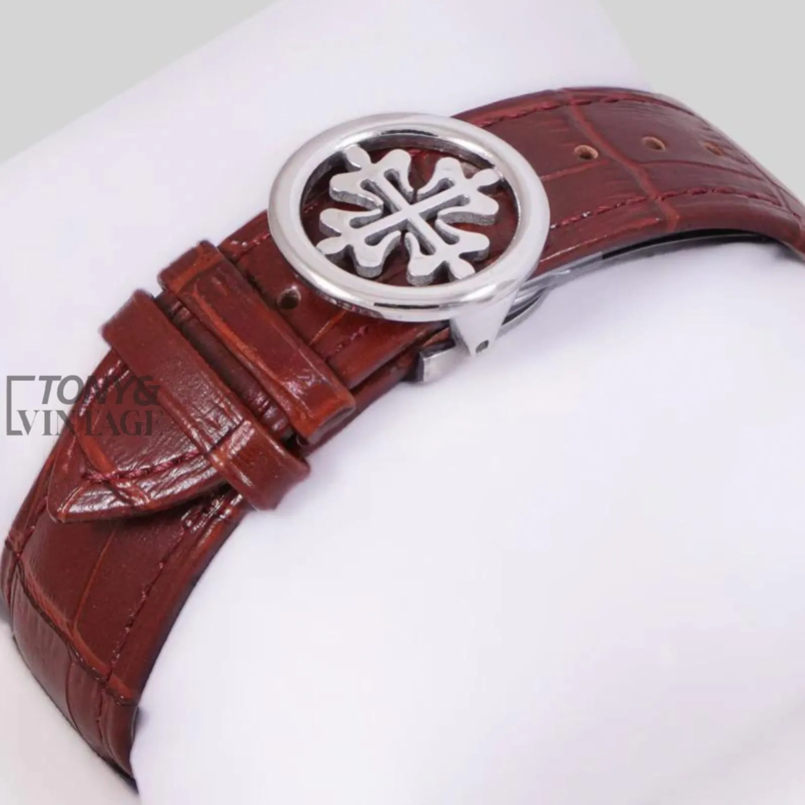 Annual Calendar Moon Phase Silver Watch with White Dial, Stone Bezel, and Leather Strap - Image 3