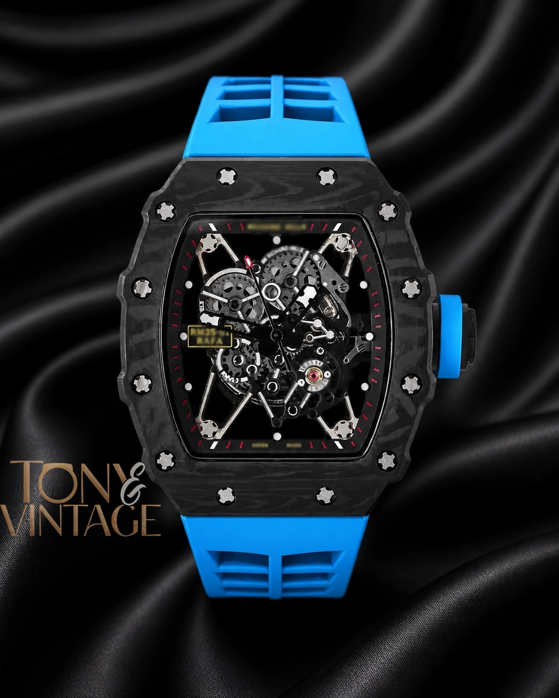 Automatic Black Watch Skeleton Dial and Blue Rubber Strap