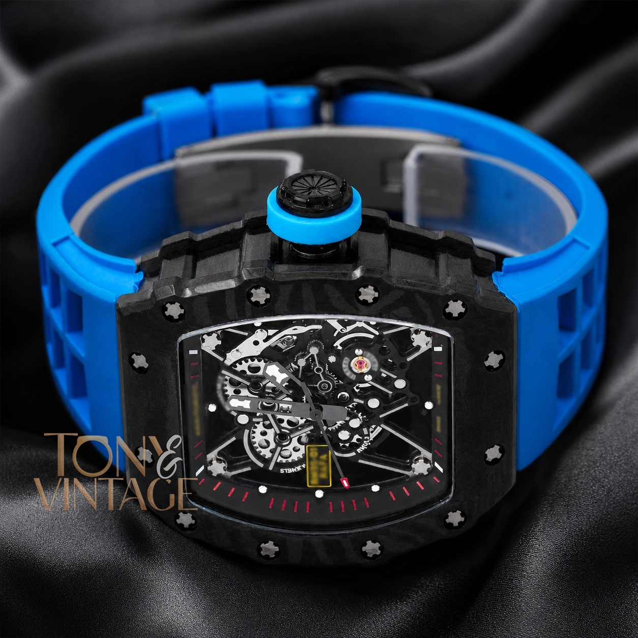 Automatic Black Watch Skeleton Dial and Blue Rubber Strap - Image 2