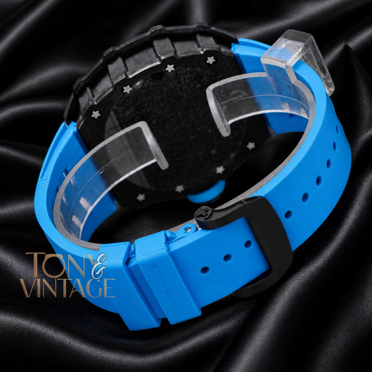 Automatic Black Watch Skeleton Dial and Blue Rubber Strap - Image 3