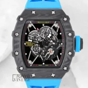 "Automatic Black Watch With Skeleton Dial and Blue Rubber Strap "