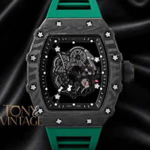 Chronograph Black Skeleton Dial Watch with Green Rubber Strap
