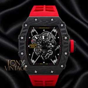 Automatic Black Watch With Skeleton Dial and Red Rubber Strap