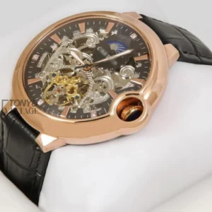 Ballon Bleu Moon Phase Rose Gold Watch With Skeleton Dial and Leather Strap