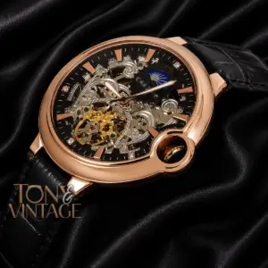 Ballon Bleu Moon Phase Rose Gold Watch With Skeleton Dial and Leather Strap