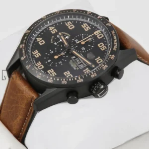 Black Chronograph Watch with Brown Leather Strap and Matching Dial