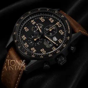 Black Chronograph Watch with Brown Leather Strap and Matching Dial