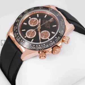 "Chronograph 40 Rose Gold Case Ceramic Bezel Black Dial Rubber Strap "
