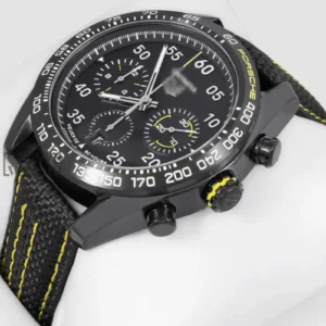 "Chronograph All-Black Case Watch with Dial and Black Leather Strap "