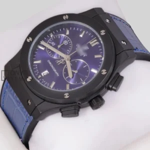 Chronograph Black Watch With Blue Dial and Blue Leather Strap