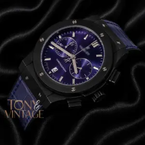 Chronograph Black Watch With Blue Dial and Blue Leather Strap