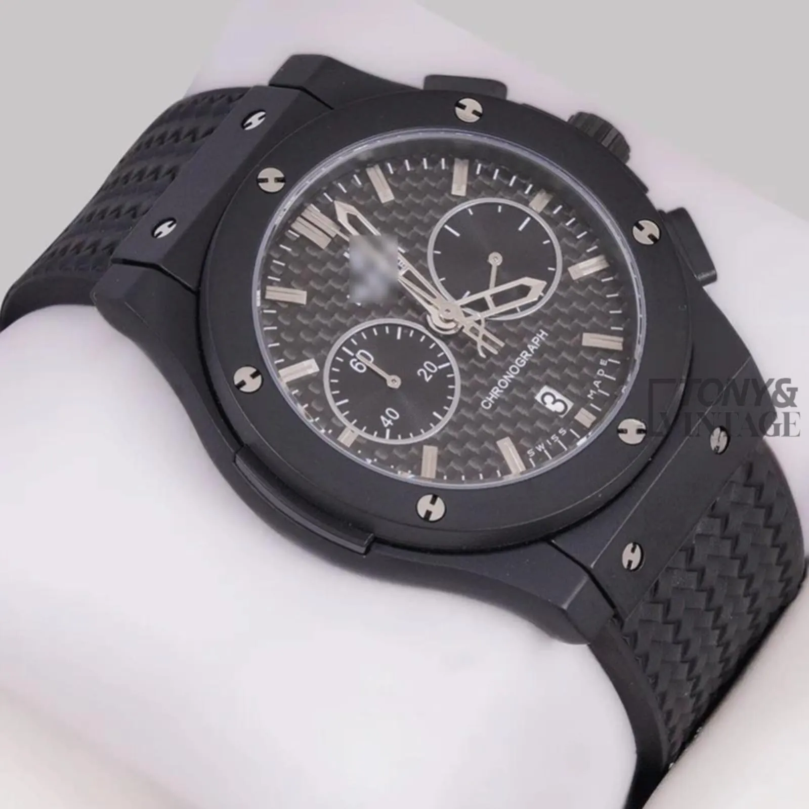 Chronograph Black Watch With Matching Dial and PVC Strap - Image 2