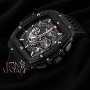 Chronograph Black Watch With Skeleton Dial and PVC Strap