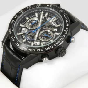 "Chronograph Black Watch with Skeleton Dial and Leather Strap "