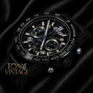 Chronograph Black Watch with Skeleton Dial and Leather Strap