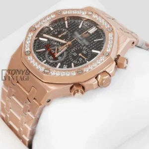 Chronograph Rose Gold Black Dial Stone Bezel