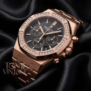 Chronograph Rose Gold Black Dial Stone Bezel