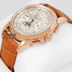 Chronograph Rose Gold Case Silver Dial Brown Leather Strap