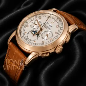Chronograph Rose Gold Case Silver Dial Brown Leather Strap