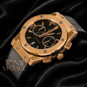 Chronograph Rose Gold Case With Black Dial & Grey Velvet Strap