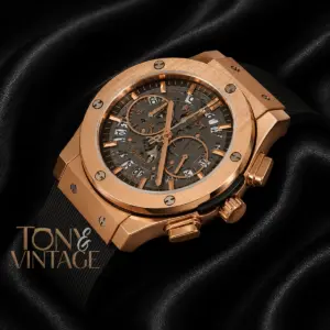 Chronograph Rose Gold Case With Brown Skeleton Dial & Black Rubber Strap