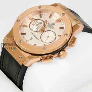 Chronograph Rose Gold Case With White Dial & Black Leather Strap