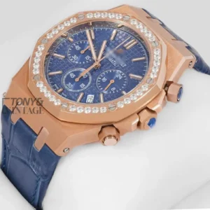 Chronograph Rose Gold Stoned Bezel Blue Dial Leather Strap