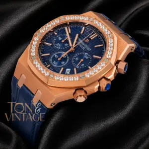 Chronograph Rose Gold Stoned Bezel Blue Dial Leather Strap