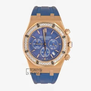Chronograph Rose Gold Stoned Bezel Blue Dial Rubber Strap