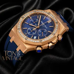 Chronograph Rose Gold Stoned Bezel Blue Dial Rubber Strap
